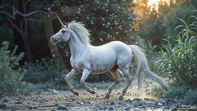 A majestic white alicorn rearing up on its hind legs atop a rocky hillside, large crimson and coral-red feathered wings spread wide, flowing cream and golden mane and tail swept by the wind, spiraling rose-pink horn, muscular luminous white coat with warm golden light, surrounded by blooming pink wildflowers in the foreground, dramatic fantasy landscape behind with a winding river fjord cutting through a misty valley, jagged mountain peaks on both sides, small rocky islands in distant water, golden sunset sky with billowing peach and amber clouds lit from beneath, small glowing red orb floating in the mid-distance left, cinematic epic fantasy atmosphere, volumetric golden light, photorealistic digital art, ultra-detailed, 8K resolution, dramatic low angle composition