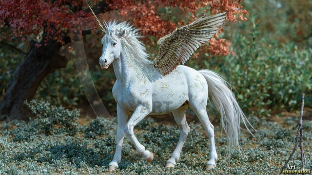 A majestic white alicorn rearing up on its hind legs atop a rocky hillside, large crimson and coral-red feathered wings spread wide, flowing cream and golden mane and tail swept by the wind, spiraling rose-pink horn, muscular luminous white coat with warm golden light, surrounded by blooming pink wildflowers in the foreground, dramatic fantasy landscape behind with a winding river fjord cutting through a misty valley, jagged mountain peaks on both sides, small rocky islands in distant water, golden sunset sky with billowing peach and amber clouds lit from beneath, small glowing red orb floating in the mid-distance left, cinematic epic fantasy atmosphere, volumetric golden light, photorealistic digital art, ultra-detailed, 8K resolution, dramatic low angle composition