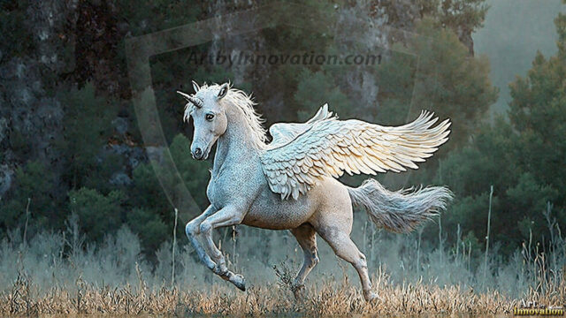 A majestic white alicorn rearing up on its hind legs atop a rocky hillside, large crimson and coral-red feathered wings spread wide, flowing cream and golden mane and tail swept by the wind, spiraling rose-pink horn, muscular luminous white coat with warm golden light, surrounded by blooming pink wildflowers in the foreground, dramatic fantasy landscape behind with a winding river fjord cutting through a misty valley, jagged mountain peaks on both sides, small rocky islands in distant water, golden sunset sky with billowing peach and amber clouds lit from beneath, small glowing red orb floating in the mid-distance left, cinematic epic fantasy atmosphere, volumetric golden light, photorealistic digital art, ultra-detailed, 8K resolution, dramatic low angle composition