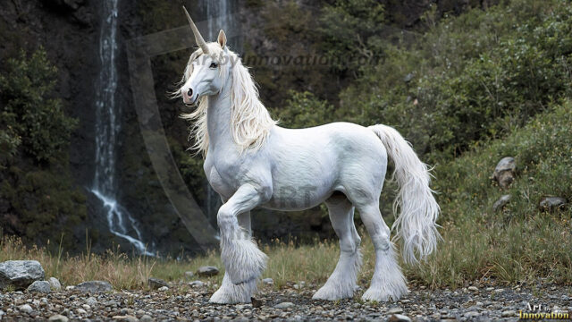 A majestic white alicorn rearing up on its hind legs atop a rocky hillside, large crimson and coral-red feathered wings spread wide, flowing cream and golden mane and tail swept by the wind, spiraling rose-pink horn, muscular luminous white coat with warm golden light, surrounded by blooming pink wildflowers in the foreground, dramatic fantasy landscape behind with a winding river fjord cutting through a misty valley, jagged mountain peaks on both sides, small rocky islands in distant water, golden sunset sky with billowing peach and amber clouds lit from beneath, small glowing red orb floating in the mid-distance left, cinematic epic fantasy atmosphere, volumetric golden light, photorealistic digital art, ultra-detailed, 8K resolution, dramatic low angle composition