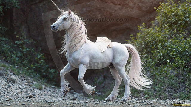 A majestic white alicorn rearing up on its hind legs atop a rocky hillside, large crimson and coral-red feathered wings spread wide, flowing cream and golden mane and tail swept by the wind, spiraling rose-pink horn, muscular luminous white coat with warm golden light, surrounded by blooming pink wildflowers in the foreground, dramatic fantasy landscape behind with a winding river fjord cutting through a misty valley, jagged mountain peaks on both sides, small rocky islands in distant water, golden sunset sky with billowing peach and amber clouds lit from beneath, small glowing red orb floating in the mid-distance left, cinematic epic fantasy atmosphere, volumetric golden light, photorealistic digital art, ultra-detailed, 8K resolution, dramatic low angle composition