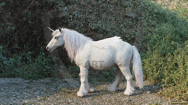 A majestic white alicorn rearing up on its hind legs atop a rocky hillside, large crimson and coral-red feathered wings spread wide, flowing cream and golden mane and tail swept by the wind, spiraling rose-pink horn, muscular luminous white coat with warm golden light, surrounded by blooming pink wildflowers in the foreground, dramatic fantasy landscape behind with a winding river fjord cutting through a misty valley, jagged mountain peaks on both sides, small rocky islands in distant water, golden sunset sky with billowing peach and amber clouds lit from beneath, small glowing red orb floating in the mid-distance left, cinematic epic fantasy atmosphere, volumetric golden light, photorealistic digital art, ultra-detailed, 8K resolution, dramatic low angle composition
