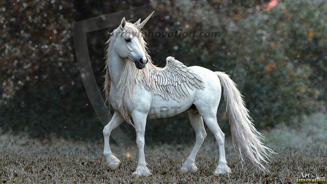 A majestic white alicorn rearing up on its hind legs atop a rocky hillside, large crimson and coral-red feathered wings spread wide, flowing cream and golden mane and tail swept by the wind, spiraling rose-pink horn, muscular luminous white coat with warm golden light, surrounded by blooming pink wildflowers in the foreground, dramatic fantasy landscape behind with a winding river fjord cutting through a misty valley, jagged mountain peaks on both sides, small rocky islands in distant water, golden sunset sky with billowing peach and amber clouds lit from beneath, small glowing red orb floating in the mid-distance left, cinematic epic fantasy atmosphere, volumetric golden light, photorealistic digital art, ultra-detailed, 8K resolution, dramatic low angle composition