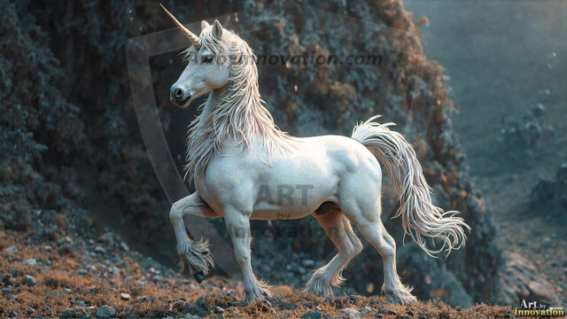 A majestic white alicorn rearing up on its hind legs atop a rocky hillside, large crimson and coral-red feathered wings spread wide, flowing cream and golden mane and tail swept by the wind, spiraling rose-pink horn, muscular luminous white coat with warm golden light, surrounded by blooming pink wildflowers in the foreground, dramatic fantasy landscape behind with a winding river fjord cutting through a misty valley, jagged mountain peaks on both sides, small rocky islands in distant water, golden sunset sky with billowing peach and amber clouds lit from beneath, small glowing red orb floating in the mid-distance left, cinematic epic fantasy atmosphere, volumetric golden light, photorealistic digital art, ultra-detailed, 8K resolution, dramatic low angle composition