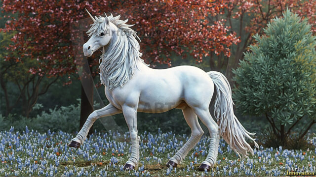 A majestic white alicorn rearing up on its hind legs atop a rocky hillside, large crimson and coral-red feathered wings spread wide, flowing cream and golden mane and tail swept by the wind, spiraling rose-pink horn, muscular luminous white coat with warm golden light, surrounded by blooming pink wildflowers in the foreground, dramatic fantasy landscape behind with a winding river fjord cutting through a misty valley, jagged mountain peaks on both sides, small rocky islands in distant water, golden sunset sky with billowing peach and amber clouds lit from beneath, small glowing red orb floating in the mid-distance left, cinematic epic fantasy atmosphere, volumetric golden light, photorealistic digital art, ultra-detailed, 8K resolution, dramatic low angle composition