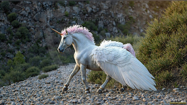 A majestic white alicorn rearing up on its hind legs atop a rocky hillside, large crimson and coral-red feathered wings spread wide, flowing cream and golden mane and tail swept by the wind, spiraling rose-pink horn, muscular luminous white coat with warm golden light, surrounded by blooming pink wildflowers in the foreground, dramatic fantasy landscape behind with a winding river fjord cutting through a misty valley, jagged mountain peaks on both sides, small rocky islands in distant water, golden sunset sky with billowing peach and amber clouds lit from beneath, small glowing red orb floating in the mid-distance left, cinematic epic fantasy atmosphere, volumetric golden light, photorealistic digital art, ultra-detailed, 8K resolution, dramatic low angle composition