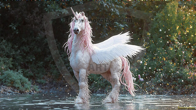 A majestic white alicorn rearing up on its hind legs atop a rocky hillside, large crimson and coral-red feathered wings spread wide, flowing cream and golden mane and tail swept by the wind, spiraling rose-pink horn, muscular luminous white coat with warm golden light, surrounded by blooming pink wildflowers in the foreground, dramatic fantasy landscape behind with a winding river fjord cutting through a misty valley, jagged mountain peaks on both sides, small rocky islands in distant water, golden sunset sky with billowing peach and amber clouds lit from beneath, small glowing red orb floating in the mid-distance left, cinematic epic fantasy atmosphere, volumetric golden light, photorealistic digital art, ultra-detailed, 8K resolution, dramatic low angle composition