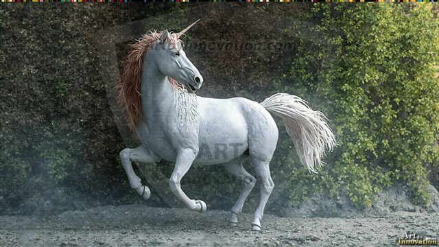 A majestic white alicorn rearing up on its hind legs atop a rocky hillside, large crimson and coral-red feathered wings spread wide, flowing cream and golden mane and tail swept by the wind, spiraling rose-pink horn, muscular luminous white coat with warm golden light, surrounded by blooming pink wildflowers in the foreground, dramatic fantasy landscape behind with a winding river fjord cutting through a misty valley, jagged mountain peaks on both sides, small rocky islands in distant water, golden sunset sky with billowing peach and amber clouds lit from beneath, small glowing red orb floating in the mid-distance left, cinematic epic fantasy atmosphere, volumetric golden light, photorealistic digital art, ultra-detailed, 8K resolution, dramatic low angle composition