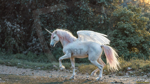 A majestic white alicorn rearing up on its hind legs atop a rocky hillside, large crimson and coral-red feathered wings spread wide, flowing cream and golden mane and tail swept by the wind, spiraling rose-pink horn, muscular luminous white coat with warm golden light, surrounded by blooming pink wildflowers in the foreground, dramatic fantasy landscape behind with a winding river fjord cutting through a misty valley, jagged mountain peaks on both sides, small rocky islands in distant water, golden sunset sky with billowing peach and amber clouds lit from beneath, small glowing red orb floating in the mid-distance left, cinematic epic fantasy atmosphere, volumetric golden light, photorealistic digital art, ultra-detailed, 8K resolution, dramatic low angle composition