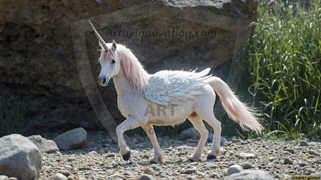 A majestic white alicorn rearing up on its hind legs atop a rocky hillside, large crimson and coral-red feathered wings spread wide, flowing cream and golden mane and tail swept by the wind, spiraling rose-pink horn, muscular luminous white coat with warm golden light, surrounded by blooming pink wildflowers in the foreground, dramatic fantasy landscape behind with a winding river fjord cutting through a misty valley, jagged mountain peaks on both sides, small rocky islands in distant water, golden sunset sky with billowing peach and amber clouds lit from beneath, small glowing red orb floating in the mid-distance left, cinematic epic fantasy atmosphere, volumetric golden light, photorealistic digital art, ultra-detailed, 8K resolution, dramatic low angle composition
