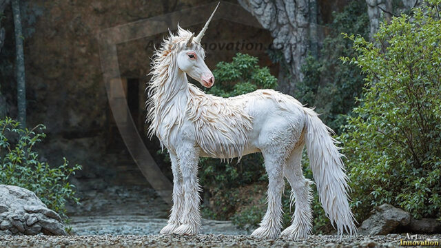 A majestic white alicorn rearing up on its hind legs atop a rocky hillside, large crimson and coral-red feathered wings spread wide, flowing cream and golden mane and tail swept by the wind, spiraling rose-pink horn, muscular luminous white coat with warm golden light, surrounded by blooming pink wildflowers in the foreground, dramatic fantasy landscape behind with a winding river fjord cutting through a misty valley, jagged mountain peaks on both sides, small rocky islands in distant water, golden sunset sky with billowing peach and amber clouds lit from beneath, small glowing red orb floating in the mid-distance left, cinematic epic fantasy atmosphere, volumetric golden light, photorealistic digital art, ultra-detailed, 8K resolution, dramatic low angle composition