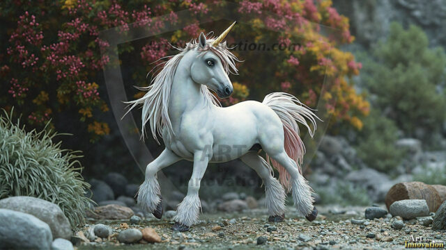 A majestic white alicorn rearing up on its hind legs atop a rocky hillside, large crimson and coral-red feathered wings spread wide, flowing cream and golden mane and tail swept by the wind, spiraling rose-pink horn, muscular luminous white coat with warm golden light, surrounded by blooming pink wildflowers in the foreground, dramatic fantasy landscape behind with a winding river fjord cutting through a misty valley, jagged mountain peaks on both sides, small rocky islands in distant water, golden sunset sky with billowing peach and amber clouds lit from beneath, small glowing red orb floating in the mid-distance left, cinematic epic fantasy atmosphere, volumetric golden light, photorealistic digital art, ultra-detailed, 8K resolution, dramatic low angle composition