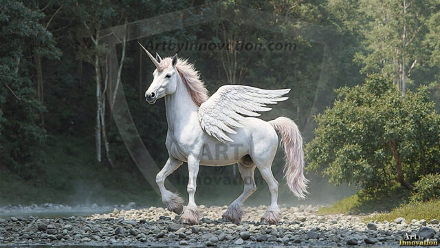 A majestic white alicorn rearing up on its hind legs atop a rocky hillside, large crimson and coral-red feathered wings spread wide, flowing cream and golden mane and tail swept by the wind, spiraling rose-pink horn, muscular luminous white coat with warm golden light, surrounded by blooming pink wildflowers in the foreground, dramatic fantasy landscape behind with a winding river fjord cutting through a misty valley, jagged mountain peaks on both sides, small rocky islands in distant water, golden sunset sky with billowing peach and amber clouds lit from beneath, small glowing red orb floating in the mid-distance left, cinematic epic fantasy atmosphere, volumetric golden light, photorealistic digital art, ultra-detailed, 8K resolution, dramatic low angle composition