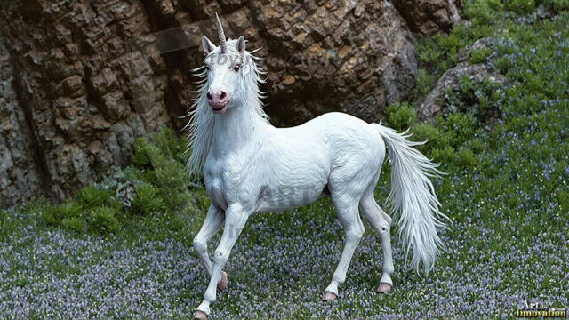 A majestic white alicorn rearing up on its hind legs atop a rocky hillside, large crimson and coral-red feathered wings spread wide, flowing cream and golden mane and tail swept by the wind, spiraling rose-pink horn, muscular luminous white coat with warm golden light, surrounded by blooming pink wildflowers in the foreground, dramatic fantasy landscape behind with a winding river fjord cutting through a misty valley, jagged mountain peaks on both sides, small rocky islands in distant water, golden sunset sky with billowing peach and amber clouds lit from beneath, small glowing red orb floating in the mid-distance left, cinematic epic fantasy atmosphere, volumetric golden light, photorealistic digital art, ultra-detailed, 8K resolution, dramatic low angle composition