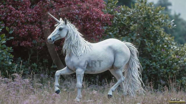 A majestic white alicorn rearing up on its hind legs atop a rocky hillside, large crimson and coral-red feathered wings spread wide, flowing cream and golden mane and tail swept by the wind, spiraling rose-pink horn, muscular luminous white coat with warm golden light, surrounded by blooming pink wildflowers in the foreground, dramatic fantasy landscape behind with a winding river fjord cutting through a misty valley, jagged mountain peaks on both sides, small rocky islands in distant water, golden sunset sky with billowing peach and amber clouds lit from beneath, small glowing red orb floating in the mid-distance left, cinematic epic fantasy atmosphere, volumetric golden light, photorealistic digital art, ultra-detailed, 8K resolution, dramatic low angle composition