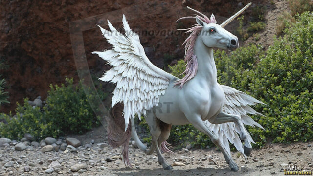 A majestic white alicorn rearing up on its hind legs atop a rocky hillside, large crimson and coral-red feathered wings spread wide, flowing cream and golden mane and tail swept by the wind, spiraling rose-pink horn, muscular luminous white coat with warm golden light, surrounded by blooming pink wildflowers in the foreground, dramatic fantasy landscape behind with a winding river fjord cutting through a misty valley, jagged mountain peaks on both sides, small rocky islands in distant water, golden sunset sky with billowing peach and amber clouds lit from beneath, small glowing red orb floating in the mid-distance left, cinematic epic fantasy atmosphere, volumetric golden light, photorealistic digital art, ultra-detailed, 8K resolution, dramatic low angle composition