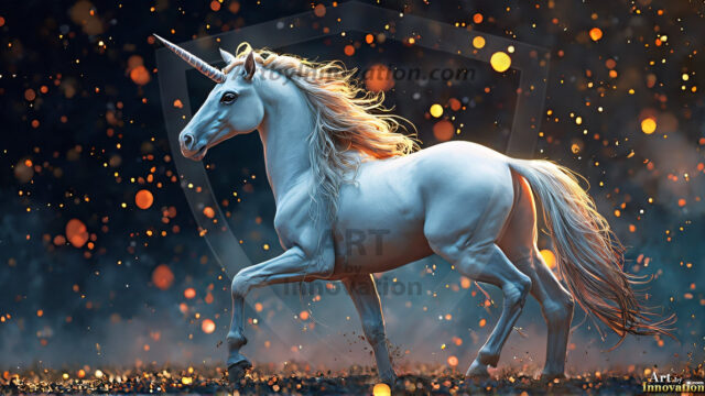 A majestic white alicorn rearing up on its hind legs atop a rocky hillside, large crimson and coral-red feathered wings spread wide, flowing cream and golden mane and tail swept by the wind, spiraling rose-pink horn, muscular luminous white coat with warm golden light, surrounded by blooming pink wildflowers in the foreground, dramatic fantasy landscape behind with a winding river fjord cutting through a misty valley, jagged mountain peaks on both sides, small rocky islands in distant water, golden sunset sky with billowing peach and amber clouds lit from beneath, small glowing red orb floating in the mid-distance left, cinematic epic fantasy atmosphere, volumetric golden light, photorealistic digital art, ultra-detailed, 8K resolution, dramatic low angle composition