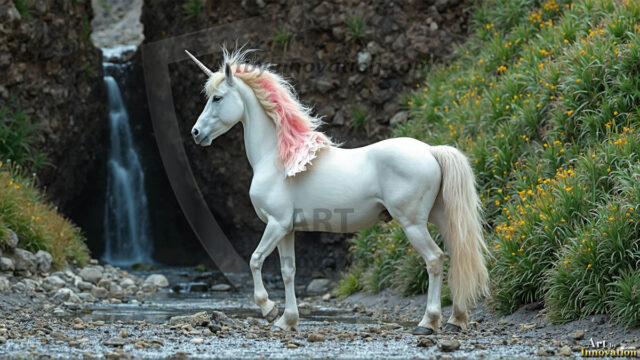 A majestic white alicorn rearing up on its hind legs atop a rocky hillside, large crimson and coral-red feathered wings spread wide, flowing cream and golden mane and tail swept by the wind, spiraling rose-pink horn, muscular luminous white coat with warm golden light, surrounded by blooming pink wildflowers in the foreground, dramatic fantasy landscape behind with a winding river fjord cutting through a misty valley, jagged mountain peaks on both sides, small rocky islands in distant water, golden sunset sky with billowing peach and amber clouds lit from beneath, small glowing red orb floating in the mid-distance left, cinematic epic fantasy atmosphere, volumetric golden light, photorealistic digital art, ultra-detailed, 8K resolution, dramatic low angle composition