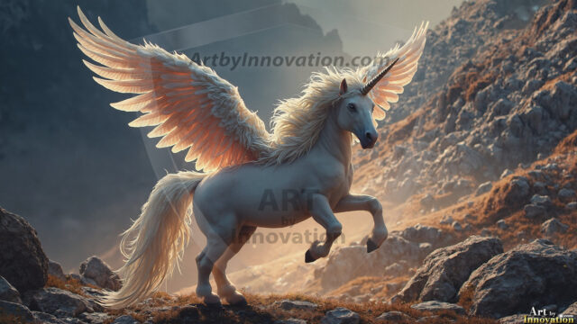A majestic white alicorn rearing up on its hind legs atop a rocky hillside, large crimson and coral-red feathered wings spread wide, flowing cream and golden mane and tail swept by the wind, spiraling rose-pink horn, muscular luminous white coat with warm golden light, surrounded by blooming pink wildflowers in the foreground, dramatic fantasy landscape behind with a winding river fjord cutting through a misty valley, jagged mountain peaks on both sides, small rocky islands in distant water, golden sunset sky with billowing peach and amber clouds lit from beneath, small glowing red orb floating in the mid-distance left, cinematic epic fantasy atmosphere, volumetric golden light, photorealistic digital art, ultra-detailed, 8K resolution, dramatic low angle composition