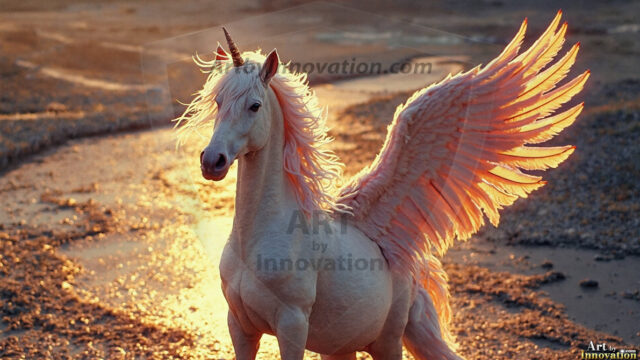 A majestic white alicorn rearing up on its hind legs atop a rocky hillside, large crimson and coral-red feathered wings spread wide, flowing cream and golden mane and tail swept by the wind, spiraling rose-pink horn, muscular luminous white coat with warm golden light, surrounded by blooming pink wildflowers in the foreground, dramatic fantasy landscape behind with a winding river fjord cutting through a misty valley, jagged mountain peaks on both sides, small rocky islands in distant water, golden sunset sky with billowing peach and amber clouds lit from beneath, small glowing red orb floating in the mid-distance left, cinematic epic fantasy atmosphere, volumetric golden light, photorealistic digital art, ultra-detailed, 8K resolution, dramatic low angle composition
