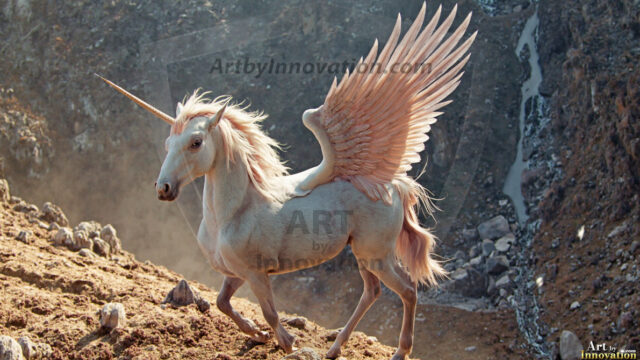 A majestic white alicorn rearing up on its hind legs atop a rocky hillside, large crimson and coral-red feathered wings spread wide, flowing cream and golden mane and tail swept by the wind, spiraling rose-pink horn, muscular luminous white coat with warm golden light, surrounded by blooming pink wildflowers in the foreground, dramatic fantasy landscape behind with a winding river fjord cutting through a misty valley, jagged mountain peaks on both sides, small rocky islands in distant water, golden sunset sky with billowing peach and amber clouds lit from beneath, small glowing red orb floating in the mid-distance left, cinematic epic fantasy atmosphere, volumetric golden light, photorealistic digital art, ultra-detailed, 8K resolution, dramatic low angle composition