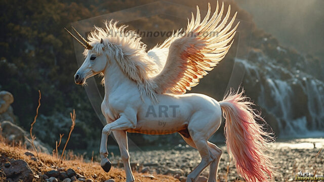 A majestic white alicorn rearing up on its hind legs atop a rocky hillside, large crimson and coral-red feathered wings spread wide, flowing cream and golden mane and tail swept by the wind, spiraling rose-pink horn, muscular luminous white coat with warm golden light, surrounded by blooming pink wildflowers in the foreground, dramatic fantasy landscape behind with a winding river fjord cutting through a misty valley, jagged mountain peaks on both sides, small rocky islands in distant water, golden sunset sky with billowing peach and amber clouds lit from beneath, small glowing red orb floating in the mid-distance left, cinematic epic fantasy atmosphere, volumetric golden light, photorealistic digital art, ultra-detailed, 8K resolution, dramatic low angle composition