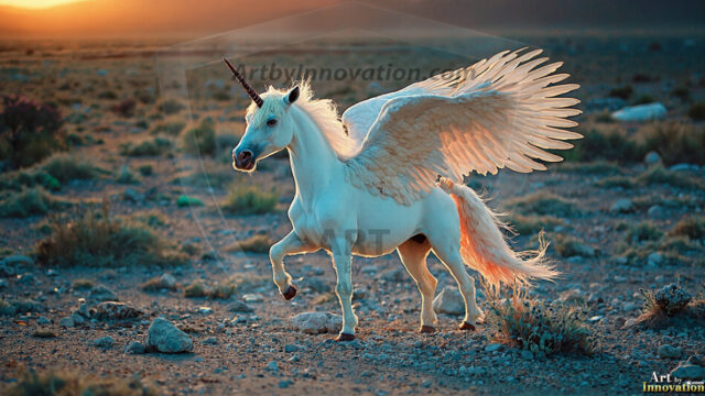 A majestic white alicorn rearing up on its hind legs atop a rocky hillside, large crimson and coral-red feathered wings spread wide, flowing cream and golden mane and tail swept by the wind, spiraling rose-pink horn, muscular luminous white coat with warm golden light, surrounded by blooming pink wildflowers in the foreground, dramatic fantasy landscape behind with a winding river fjord cutting through a misty valley, jagged mountain peaks on both sides, small rocky islands in distant water, golden sunset sky with billowing peach and amber clouds lit from beneath, small glowing red orb floating in the mid-distance left, cinematic epic fantasy atmosphere, volumetric golden light, photorealistic digital art, ultra-detailed, 8K resolution, dramatic low angle composition