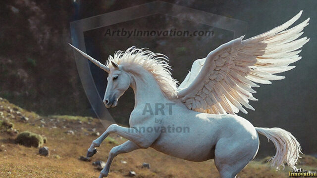 A majestic white alicorn rearing up on its hind legs atop a rocky hillside, large crimson and coral-red feathered wings spread wide, flowing cream and golden mane and tail swept by the wind, spiraling rose-pink horn, muscular luminous white coat with warm golden light, surrounded by blooming pink wildflowers in the foreground, dramatic fantasy landscape behind with a winding river fjord cutting through a misty valley, jagged mountain peaks on both sides, small rocky islands in distant water, golden sunset sky with billowing peach and amber clouds lit from beneath, small glowing red orb floating in the mid-distance left, cinematic epic fantasy atmosphere, volumetric golden light, photorealistic digital art, ultra-detailed, 8K resolution, dramatic low angle composition