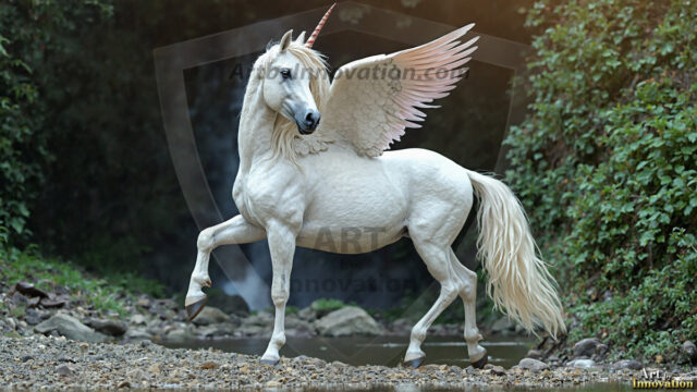 A majestic white alicorn rearing up on its hind legs atop a rocky hillside, large crimson and coral-red feathered wings spread wide, flowing cream and golden mane and tail swept by the wind, spiraling rose-pink horn, muscular luminous white coat with warm golden light, surrounded by blooming pink wildflowers in the foreground, dramatic fantasy landscape behind with a winding river fjord cutting through a misty valley, jagged mountain peaks on both sides, small rocky islands in distant water, golden sunset sky with billowing peach and amber clouds lit from beneath, small glowing red orb floating in the mid-distance left, cinematic epic fantasy atmosphere, volumetric golden light, photorealistic digital art, ultra-detailed, 8K resolution, dramatic low angle composition