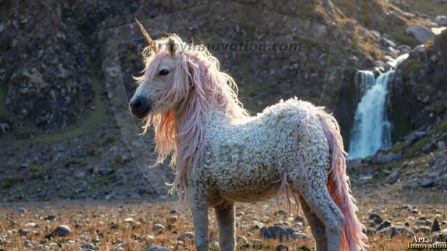 A majestic white alicorn rearing up on its hind legs atop a rocky hillside, large crimson and coral-red feathered wings spread wide, flowing cream and golden mane and tail swept by the wind, spiraling rose-pink horn, muscular luminous white coat with warm golden light, surrounded by blooming pink wildflowers in the foreground, dramatic fantasy landscape behind with a winding river fjord cutting through a misty valley, jagged mountain peaks on both sides, small rocky islands in distant water, golden sunset sky with billowing peach and amber clouds lit from beneath, small glowing red orb floating in the mid-distance left, cinematic epic fantasy atmosphere, volumetric golden light, photorealistic digital art, ultra-detailed, 8K resolution, dramatic low angle composition