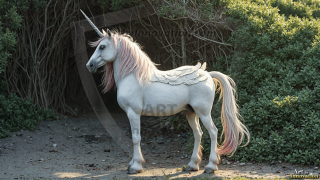 A majestic white alicorn rearing up on its hind legs atop a rocky hillside, large crimson and coral-red feathered wings spread wide, flowing cream and golden mane and tail swept by the wind, spiraling rose-pink horn, muscular luminous white coat with warm golden light, surrounded by blooming pink wildflowers in the foreground, dramatic fantasy landscape behind with a winding river fjord cutting through a misty valley, jagged mountain peaks on both sides, small rocky islands in distant water, golden sunset sky with billowing peach and amber clouds lit from beneath, small glowing red orb floating in the mid-distance left, cinematic epic fantasy atmosphere, volumetric golden light, photorealistic digital art, ultra-detailed, 8K resolution, dramatic low angle composition