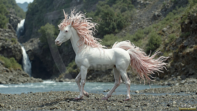 A majestic white alicorn rearing up on its hind legs atop a rocky hillside, large crimson and coral-red feathered wings spread wide, flowing cream and golden mane and tail swept by the wind, spiraling rose-pink horn, muscular luminous white coat with warm golden light, surrounded by blooming pink wildflowers in the foreground, dramatic fantasy landscape behind with a winding river fjord cutting through a misty valley, jagged mountain peaks on both sides, small rocky islands in distant water, golden sunset sky with billowing peach and amber clouds lit from beneath, small glowing red orb floating in the mid-distance left, cinematic epic fantasy atmosphere, volumetric golden light, photorealistic digital art, ultra-detailed, 8K resolution, dramatic low angle composition