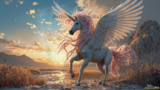 A majestic white alicorn rearing up on its hind legs atop a rocky hillside, large crimson and coral-red feathered wings spread wide, flowing cream and golden mane and tail swept by the wind, spiraling rose-pink horn, muscular luminous white coat with warm golden light, surrounded by blooming pink wildflowers in the foreground, dramatic fantasy landscape behind with a winding river fjord cutting through a misty valley, jagged mountain peaks on both sides, small rocky islands in distant water, golden sunset sky with billowing peach and amber clouds lit from beneath, small glowing red orb floating in the mid-distance left, cinematic epic fantasy atmosphere, volumetric golden light, photorealistic digital art, ultra-detailed, 8K resolution, dramatic low angle composition