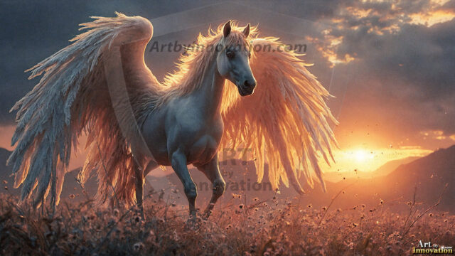 A majestic white alicorn rearing up on its hind legs atop a rocky hillside, large crimson and coral-red feathered wings spread wide, flowing cream and golden mane and tail swept by the wind, spiraling rose-pink horn, muscular luminous white coat with warm golden light, surrounded by blooming pink wildflowers in the foreground, dramatic fantasy landscape behind with a winding river fjord cutting through a misty valley, jagged mountain peaks on both sides, small rocky islands in distant water, golden sunset sky with billowing peach and amber clouds lit from beneath, small glowing red orb floating in the mid-distance left, cinematic epic fantasy atmosphere, volumetric golden light, photorealistic digital art, ultra-detailed, 8K resolution, dramatic low angle composition