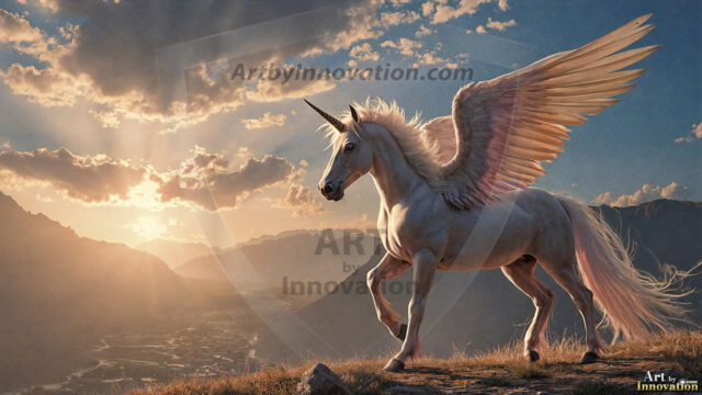 A majestic white alicorn rearing up on its hind legs atop a rocky hillside, large crimson and coral-red feathered wings spread wide, flowing cream and golden mane and tail swept by the wind, spiraling rose-pink horn, muscular luminous white coat with warm golden light, surrounded by blooming pink wildflowers in the foreground, dramatic fantasy landscape behind with a winding river fjord cutting through a misty valley, jagged mountain peaks on both sides, small rocky islands in distant water, golden sunset sky with billowing peach and amber clouds lit from beneath, small glowing red orb floating in the mid-distance left, cinematic epic fantasy atmosphere, volumetric golden light, photorealistic digital art, ultra-detailed, 8K resolution, dramatic low angle composition