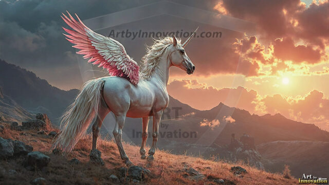 A majestic white alicorn rearing up on its hind legs atop a rocky hillside, large crimson and coral-red feathered wings spread wide, flowing cream and golden mane and tail swept by the wind, spiraling rose-pink horn, muscular luminous white coat with warm golden light, surrounded by blooming pink wildflowers in the foreground, dramatic fantasy landscape behind with a winding river fjord cutting through a misty valley, jagged mountain peaks on both sides, small rocky islands in distant water, golden sunset sky with billowing peach and amber clouds lit from beneath, small glowing red orb floating in the mid-distance left, cinematic epic fantasy atmosphere, volumetric golden light, photorealistic digital art, ultra-detailed, 8K resolution, dramatic low angle composition