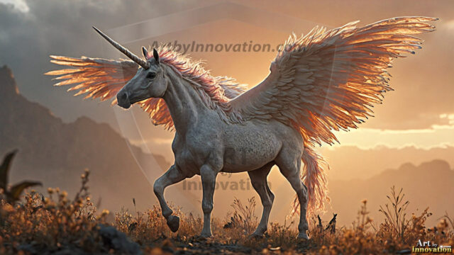 A majestic white alicorn rearing up on its hind legs atop a rocky hillside, large crimson and coral-red feathered wings spread wide, flowing cream and golden mane and tail swept by the wind, spiraling rose-pink horn, muscular luminous white coat with warm golden light, surrounded by blooming pink wildflowers in the foreground, dramatic fantasy landscape behind with a winding river fjord cutting through a misty valley, jagged mountain peaks on both sides, small rocky islands in distant water, golden sunset sky with billowing peach and amber clouds lit from beneath, small glowing red orb floating in the mid-distance left, cinematic epic fantasy atmosphere, volumetric golden light, photorealistic digital art, ultra-detailed, 8K resolution, dramatic low angle composition