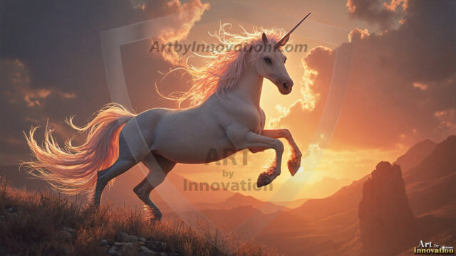 A majestic white alicorn rearing up on its hind legs atop a rocky hillside, large crimson and coral-red feathered wings spread wide, flowing cream and golden mane and tail swept by the wind, spiraling rose-pink horn, muscular luminous white coat with warm golden light, surrounded by blooming pink wildflowers in the foreground, dramatic fantasy landscape behind with a winding river fjord cutting through a misty valley, jagged mountain peaks on both sides, small rocky islands in distant water, golden sunset sky with billowing peach and amber clouds lit from beneath, small glowing red orb floating in the mid-distance left, cinematic epic fantasy atmosphere, volumetric golden light, photorealistic digital art, ultra-detailed, 8K resolution, dramatic low angle composition