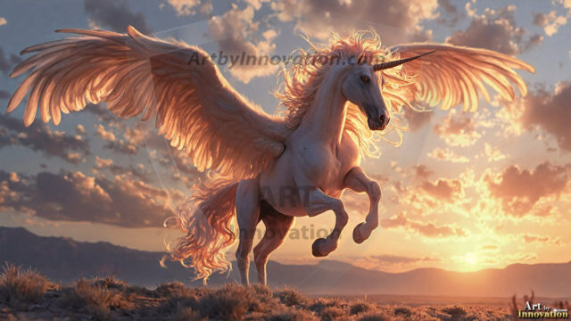 A majestic white alicorn rearing up on its hind legs atop a rocky hillside, large crimson and coral-red feathered wings spread wide, flowing cream and golden mane and tail swept by the wind, spiraling rose-pink horn, muscular luminous white coat with warm golden light, surrounded by blooming pink wildflowers in the foreground, dramatic fantasy landscape behind with a winding river fjord cutting through a misty valley, jagged mountain peaks on both sides, small rocky islands in distant water, golden sunset sky with billowing peach and amber clouds lit from beneath, small glowing red orb floating in the mid-distance left, cinematic epic fantasy atmosphere, volumetric golden light, photorealistic digital art, ultra-detailed, 8K resolution, dramatic low angle composition