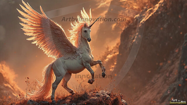 A majestic white alicorn rearing up on its hind legs atop a rocky hillside, large crimson and coral-red feathered wings spread wide, flowing cream and golden mane and tail swept by the wind, spiraling rose-pink horn, muscular luminous white coat with warm golden light, surrounded by blooming pink wildflowers in the foreground, dramatic fantasy landscape behind with a winding river fjord cutting through a misty valley, jagged mountain peaks on both sides, small rocky islands in distant water, golden sunset sky with billowing peach and amber clouds lit from beneath, small glowing red orb floating in the mid-distance left, cinematic epic fantasy atmosphere, volumetric golden light, photorealistic digital art, ultra-detailed, 8K resolution, dramatic low angle composition