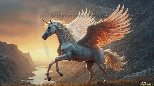A majestic white alicorn rearing up on its hind legs atop a rocky hillside, large crimson and coral-red feathered wings spread wide, flowing cream and golden mane and tail swept by the wind, spiraling rose-pink horn, muscular luminous white coat with warm golden light, surrounded by blooming pink wildflowers in the foreground, dramatic fantasy landscape behind with a winding river fjord cutting through a misty valley, jagged mountain peaks on both sides, small rocky islands in distant water, golden sunset sky with billowing peach and amber clouds lit from beneath, small glowing red orb floating in the mid-distance left, cinematic epic fantasy atmosphere, volumetric golden light, photorealistic digital art, ultra-detailed, 8K resolution, dramatic low angle composition