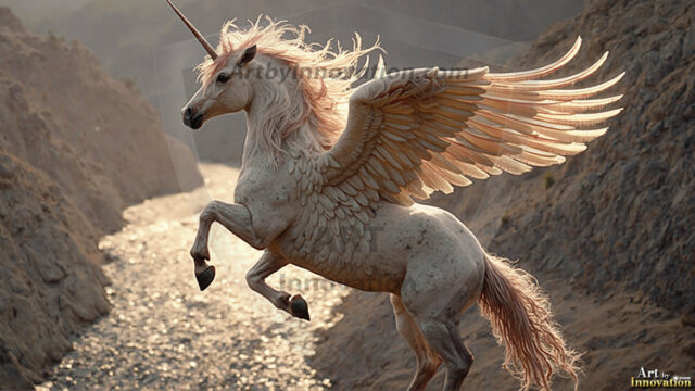 A majestic white alicorn rearing up on its hind legs atop a rocky hillside, large crimson and coral-red feathered wings spread wide, flowing cream and golden mane and tail swept by the wind, spiraling rose-pink horn, muscular luminous white coat with warm golden light, surrounded by blooming pink wildflowers in the foreground, dramatic fantasy landscape behind with a winding river fjord cutting through a misty valley, jagged mountain peaks on both sides, small rocky islands in distant water, golden sunset sky with billowing peach and amber clouds lit from beneath, small glowing red orb floating in the mid-distance left, cinematic epic fantasy atmosphere, volumetric golden light, photorealistic digital art, ultra-detailed, 8K resolution, dramatic low angle composition