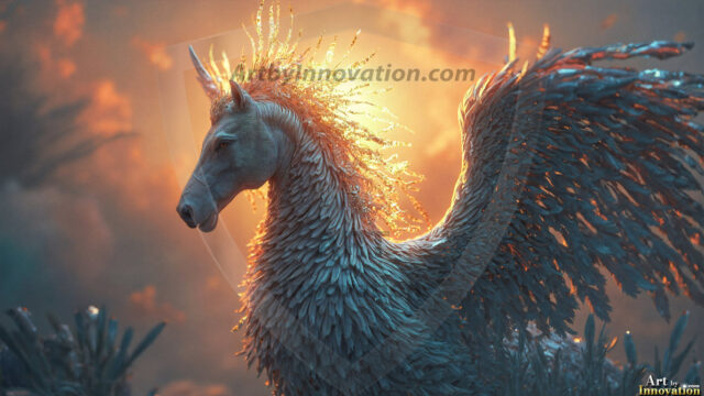 A majestic white alicorn rearing up on its hind legs atop a rocky hillside, large crimson and coral-red feathered wings spread wide, flowing cream and golden mane and tail swept by the wind, spiraling rose-pink horn, muscular luminous white coat with warm golden light, surrounded by blooming pink wildflowers in the foreground, dramatic fantasy landscape behind with a winding river fjord cutting through a misty valley, jagged mountain peaks on both sides, small rocky islands in distant water, golden sunset sky with billowing peach and amber clouds lit from beneath, small glowing red orb floating in the mid-distance left, cinematic epic fantasy atmosphere, volumetric golden light, photorealistic digital art, ultra-detailed, 8K resolution, dramatic low angle composition