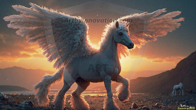 A majestic white alicorn rearing up on its hind legs atop a rocky hillside, large crimson and coral-red feathered wings spread wide, flowing cream and golden mane and tail swept by the wind, spiraling rose-pink horn, muscular luminous white coat with warm golden light, surrounded by blooming pink wildflowers in the foreground, dramatic fantasy landscape behind with a winding river fjord cutting through a misty valley, jagged mountain peaks on both sides, small rocky islands in distant water, golden sunset sky with billowing peach and amber clouds lit from beneath, small glowing red orb floating in the mid-distance left, cinematic epic fantasy atmosphere, volumetric golden light, photorealistic digital art, ultra-detailed, 8K resolution, dramatic low angle composition