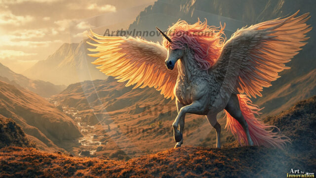 A majestic white alicorn rearing up on its hind legs atop a rocky hillside, large crimson and coral-red feathered wings spread wide, flowing cream and golden mane and tail swept by the wind, spiraling rose-pink horn, muscular luminous white coat with warm golden light, surrounded by blooming pink wildflowers in the foreground, dramatic fantasy landscape behind with a winding river fjord cutting through a misty valley, jagged mountain peaks on both sides, small rocky islands in distant water, golden sunset sky with billowing peach and amber clouds lit from beneath, small glowing red orb floating in the mid-distance left, cinematic epic fantasy atmosphere, volumetric golden light, photorealistic digital art, ultra-detailed, 8K resolution, dramatic low angle composition