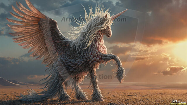 A majestic white alicorn rearing up on its hind legs atop a rocky hillside, large crimson and coral-red feathered wings spread wide, flowing cream and golden mane and tail swept by the wind, spiraling rose-pink horn, muscular luminous white coat with warm golden light, surrounded by blooming pink wildflowers in the foreground, dramatic fantasy landscape behind with a winding river fjord cutting through a misty valley, jagged mountain peaks on both sides, small rocky islands in distant water, golden sunset sky with billowing peach and amber clouds lit from beneath, small glowing red orb floating in the mid-distance left, cinematic epic fantasy atmosphere, volumetric golden light, photorealistic digital art, ultra-detailed, 8K resolution, dramatic low angle composition