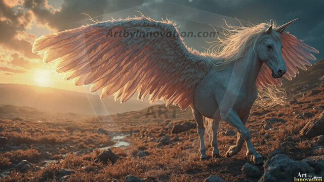 A majestic white alicorn rearing up on its hind legs atop a rocky hillside, large crimson and coral-red feathered wings spread wide, flowing cream and golden mane and tail swept by the wind, spiraling rose-pink horn, muscular luminous white coat with warm golden light, surrounded by blooming pink wildflowers in the foreground, dramatic fantasy landscape behind with a winding river fjord cutting through a misty valley, jagged mountain peaks on both sides, small rocky islands in distant water, golden sunset sky with billowing peach and amber clouds lit from beneath, small glowing red orb floating in the mid-distance left, cinematic epic fantasy atmosphere, volumetric golden light, photorealistic digital art, ultra-detailed, 8K resolution, dramatic low angle composition