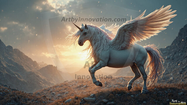 A majestic white alicorn rearing up on its hind legs atop a rocky hillside, large crimson and coral-red feathered wings spread wide, flowing cream and golden mane and tail swept by the wind, spiraling rose-pink horn, muscular luminous white coat with warm golden light, surrounded by blooming pink wildflowers in the foreground, dramatic fantasy landscape behind with a winding river fjord cutting through a misty valley, jagged mountain peaks on both sides, small rocky islands in distant water, golden sunset sky with billowing peach and amber clouds lit from beneath, small glowing red orb floating in the mid-distance left, cinematic epic fantasy atmosphere, volumetric golden light, photorealistic digital art, ultra-detailed, 8K resolution, dramatic low angle composition