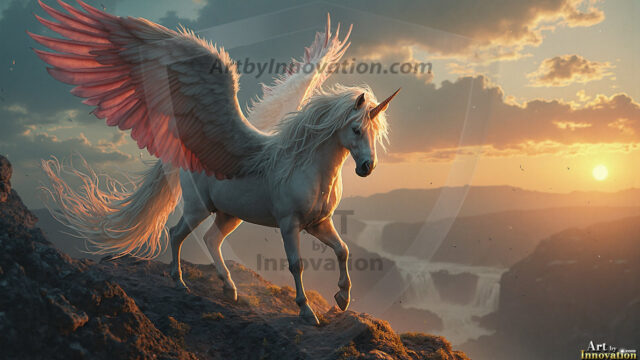 A majestic white alicorn rearing up on its hind legs atop a rocky hillside, large crimson and coral-red feathered wings spread wide, flowing cream and golden mane and tail swept by the wind, spiraling rose-pink horn, muscular luminous white coat with warm golden light, surrounded by blooming pink wildflowers in the foreground, dramatic fantasy landscape behind with a winding river fjord cutting through a misty valley, jagged mountain peaks on both sides, small rocky islands in distant water, golden sunset sky with billowing peach and amber clouds lit from beneath, small glowing red orb floating in the mid-distance left, cinematic epic fantasy atmosphere, volumetric golden light, photorealistic digital art, ultra-detailed, 8K resolution, dramatic low angle composition