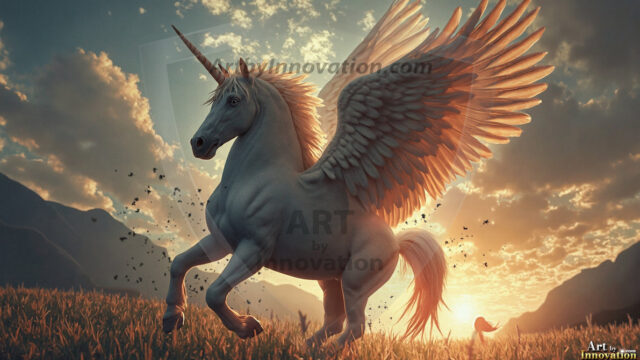 A majestic white alicorn rearing up on its hind legs atop a rocky hillside, large crimson and coral-red feathered wings spread wide, flowing cream and golden mane and tail swept by the wind, spiraling rose-pink horn, muscular luminous white coat with warm golden light, surrounded by blooming pink wildflowers in the foreground, dramatic fantasy landscape behind with a winding river fjord cutting through a misty valley, jagged mountain peaks on both sides, small rocky islands in distant water, golden sunset sky with billowing peach and amber clouds lit from beneath, small glowing red orb floating in the mid-distance left, cinematic epic fantasy atmosphere, volumetric golden light, photorealistic digital art, ultra-detailed, 8K resolution, dramatic low angle composition